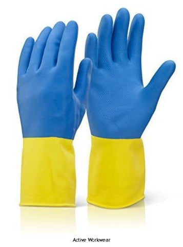 Blue/Yellow Heavy Weight Rubber Glove Yellow/Blue (Pack Of 10) - Beeswift Click 2000 Bcyb Hand Protection Active-Workwear Heavy weight rubber glove. Withstands repeated rubbing and scuffing. Neoprene blended natural latex Offers sensitivity and comfort. Remain flexible and wearer friendly throughout the life of the product. Resistant to some chemicals and acids.