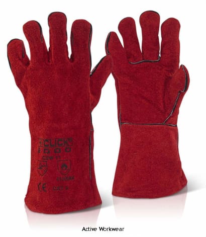 Beeswift Click Red Welders Gauntlet 14" Cat 2 (Pack Of 10 pairs) - C2W Hand Protection Active-Workwear  14' Red Welders Gauntlet. Finger welts. Fully lined hand and cuff. EN388 3.2.3.3 , EN407 4.2.3.X.4.X 