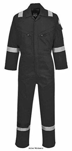 Black BizFlame Flame Retardant Lightweight Anti Static Hi Viz Coverall 280g FRAS - FR28 Boilersuits & Onepieces Active-Workwear Constructed using a lighter weight highly innovative flame resistant BizFlame Plus fabric, CE certified, guaranteed flame resistance for life of garment Protection against radiant, convective and contact heat CE certified Guaranteed flame resistance for life of garment