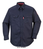 Navy Blue Bizflame inherent Arc and anti static Flame Retardant Shirt Portwest FR89 Fire Retardant Active-Workwear This stylish Inherent flame retardant shirt is lightweight and comfortable. Maximum protection is guaranteed with permanent flame resistance and ARC2 protection against electric arc. The shirt tail will stay tucked in during movement and all day wear. Handy features include adjustable button cuffs and flapped chest pockets.