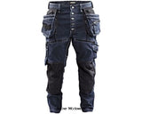 Navy Blaklader Cordura Denim Stretch Work Trousers Jeans Knee & Holster Pockets- 1999 - Trousers-active workwear Blakladers 1999 Denim stretch workwear jeans be the  first with Blaklader x1900 range Durable craftsman stretch denim jean work trousers with low crotch and tapered legs. The model has regular fit and is referred to as low crotch or drop crotch, with tapered legs in the denim industry. The trousers are made of Cordura Denim with stretch function and designed to hang comfortably on the hip