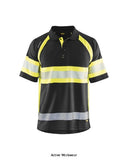 Yellow/Black Blaklader Hi Vis Breathable Wicking Polo shirt Class 1 - 3338 Hi Vis Tops Active-Workwear Soft and comfortable Blaklader Hi Viz polo shirt with tailored reflective transfers for excellent stretch properties and breathability. This polo shirt provides UV protection and the fabric has an anti-odour effect, which reduces bacterial growth and prevents unpleasant odours. The polo shirt has a rib-knitted collar and a button neck