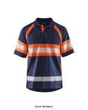 Orange/Navy Blaklader Hi Vis Breathable Wicking Polo shirt Class 1 - 3338 Hi Vis Tops Active-Workwear Soft and comfortable Blaklader Hi Viz polo shirt with tailored reflective transfers for excellent stretch properties and breathability. This polo shirt provides UV protection and the fabric has an anti-odour effect, which reduces bacterial growth and prevents unpleasant odours. The polo shirt has a rib-knitted collar and a button neck