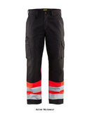 Black Orange Blaklader Hi Vis Knee Pad Work Trousers (Water Repellent) Class 1 - 1564 Hi Vis Trousers Active-Workwear Blakladers 1564 High visibility trouser in a highly durable and light material with water-repellent performance. Great tear-strength, high abrasion performance and spacious leg pockets makes the 1564 high visibility Class 1 trouser the ultimate choice 60 mm wide reflective tape, Reflective tapes around legs C sizes can be extended to C150 sizes Upper part Inner leg s