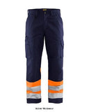 Blue Orange Blaklader Hi Vis Knee Pad Work Trousers (Water Repellent) Class 1 - 1564 Hi Vis Trousers Active-Workwear Blakladers 1564 High visibility trouser in a highly durable and light material with water-repellent performance. Great tear-strength, high abrasion performance and spacious leg pockets makes the 1564 high visibility Class 1 trouser the ultimate choice 60 mm wide reflective tape, Reflective tapes around legs C sizes can be extended to C150 sizes