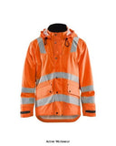 Orange Hi Vis Blaklader Hi Vis Wind & Waterproof (Breathable) Rain Jacket - 4302 Workwear Jackets & Fleeces Active-Workwear Rain jacket for you with work assignments that require a durable but simultaneously movable rainwear. It is wind and waterproof with welded seams and has breathable ventilation in the back, removable adjustable cap. It comes with easily accessible pockets, such as removable, retractable ID-pocket, front pockets with cover and push button and napoleon pocket on the inside front