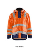 Orange Blue Blaklader Hi Vis Wind & Waterproof (Breathable) Rain Jacket - 4302 Workwear Jackets & Fleeces Active-Workwear Rain jacket for you with work assignments that require a durable but simultaneously movable rainwear. It is wind and waterproof with welded seams and has breathable ventilation in the back, removable adjustable cap. It comes with easily accessible pockets, such as removable, retractable ID-pocket, front pockets with cover and push button and napoleon pocket on the inside front