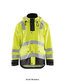 Yellow Black Blaklader Hi Vis Wind & Waterproof (Breathable) Rain Jacket - 4302 Workwear Jackets & Fleeces Active-Workwear Rain jacket for you with work assignments that require a durable but simultaneously movable rainwear. It is wind and waterproof with welded seams and has breathable ventilation in the back, removable adjustable cap. It comes with easily accessible pockets, such as removable, retractable ID-pocket, front pockets with cover and push button and napoleon pocket on the inside front