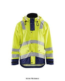 Yellow Hi Vis Blaklader Hi Vis Wind & Waterproof (Breathable) Rain Jacket - 4302 Workwear Jackets & Fleeces Active-Workwear Rain jacket for you with work assignments that require a durable but simultaneously movable rainwear. It is wind and waterproof with welded seams and has breathable ventilation in the back, removable adjustable cap. It comes with easily accessible pockets, such as removable, retractable ID-pocket, front pockets with cover and push button and napoleon pocket on the inside front