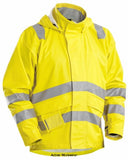 Blaklader Multinorm Hi Vis Anti static Flame Retardant Rain Jacket - 4303 Fire Retardant Active-Workwear Get through wet days in this completely waterproof, PU-coated raincoat in multinorm. Welded seams and built-in ventilation ensure a dry and comfortable working day. Rain jacket with good ventilation in the back that transports away moisture. Detachable hood with drawstring. Reflexes over shoulders. Certified according to EN 13034 PB [6]: EN ISO 20471, Class 3: EN 343, Class 3.1: EN ISO 14116,