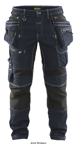 Blue Blaklader Stretch Denim Craftsman Work Trouser Holster Pockets Stretch X 1990 Trousers Active-Workwear Durable Blaklader Stretch Denim craftsman trouser in Cordura denim-stretch with stretch panels in crotch and calf for optimal range of movement. The model has a standard waist and crotch with tapered legs. Top-loading knee pocket in CORDURA®- stretch suitable for maximum comfort even when kneeling. A Brilliant piece of Blaklader Workwear. Main material 55% cotton,
