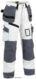 Blaklader White Cotton Painters Knee Pad Work Trousers with Nail Pockets X1500  - 1510 Trousers Active-Workwear Now you can wear 100% cotton painters trousers with no fear of paint soaking through to your skin. The fabric has excellent absorption capacity and is double layered in key areas to prevent this. These X1500 based trousers are designed for painters, plasterers and brick layers, with special pockets for tools like brushes, filler knives and spatulas. Main material 100% cotton, twill, 320 g