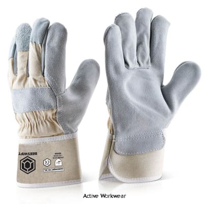 Canadian Heavy Duty Leather Rigger Glove (Pack Of 10) - Beeswift Canchqp Hand Protection Active-Workwear Grey split leather. Heavyweight cotton backing and safety cuff. Vein patch. Good fitting large size with fleecy lined palm and thumb-face for added comfort.EN388: 2016 Level 4 - Abrasion Level X - Cut Resistance Level 4 - Tear Resistance Level 4 - Puncture Level A - ISO 13997 Cut Resistance