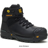 Close-up of Cat Excavator Waterproof S3 Safety Hiker Boot - Black with Yellow Accents