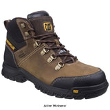 Close-up of Cat Framework Brown Waterproof Safety Boot with cat logo on side