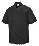 Chef kitchen wear Kent Short sleeve Chefs Jacket Portwest C734 Catering & Hospitality Active-Workwear Designed for hot environments this short sleeve jacket will keep you feeling cool and looking good. The classic styling offers a range of high quality features including easy care fabric and a handy sleeve pocket. 