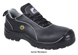 Compositelite ESD Leather Safety Shoe Anti Static Composite Toe Cap S1 - FC02 Shoes Active-Workwear Leather lace up dual density shoe suitable for use in ESD environments. 100% non metallic. Complies with EN 61340-5-1. CE certified Composite toecap for added protection Anti-static footwear Energy Absorbing Seat Region SRC - Slip resistant outsole to prevent slips and trips on 