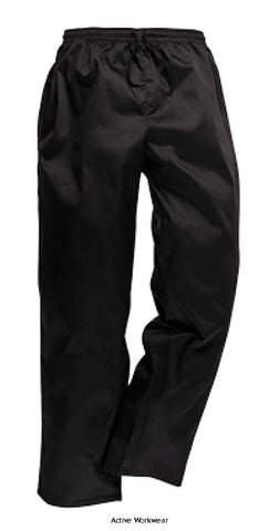 Drawstring Chef kitchen Trousers portwest chefs C070 Catering & Hospitality Active-Workwear This comfortable lightweight trouser is finished with a Texpel coating allowing liquids to roll off thereby protecting from spillages. Features include two side pockets and a fully elasticated waist with drawcord. 
