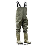 Dunlop Chest Wader Waterproof Steel Toe And Midsole Green Pcwfs Wellingtons Active-Workwear Practical, durable wading pants ideal for a variety of uses in the agricultural sector. Features a steel toe cap and steel midsole for impact and penetration protection. Toecap protection. Midsole protection. Antistatic. Slip resistant. Energy absorbing sole. Resistant to mineral oils, animal and vegetable oils & fats100% waterproof.