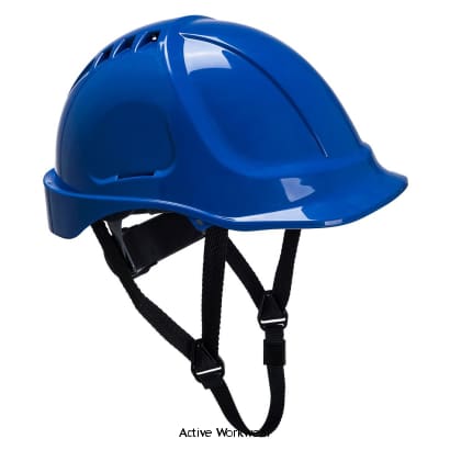 Blue Endurance Vented Safety Helmet Wheel Ratchet and 4 point chinstrap Portwest PS55 Head Protection Active-Workwear Endurance vented ABS shell helmet without retractable visor. Sold with 4 points chin strap included. Features CE certified Vented hard hat allowing a refreshing airflow around the head Lateral deformation 6 points textile harness Wheel ratchet size adjustment for easy fitting 7 years shelf life