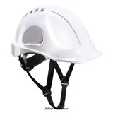 White Endurance Vented Safety Helmet Wheel Ratchet and 4 point chinstrap Portwest PS55 Head Protection Active-Workwear Endurance vented ABS shell helmet without retractable visor. Sold with 4 points chin strap included. Features CE certified Vented hard hat allowing a refreshing airflow around the head Lateral deformation 6 points textile harness Wheel ratchet size adjustment for easy fitting 7 years shelf life