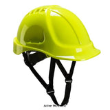 Yellow Endurance Vented Safety Helmet Wheel Ratchet and 4 point chinstrap Portwest PS55 Head Protection Active-Workwear Endurance vented ABS shell helmet without retractable visor. Sold with 4 points chin strap included. Features CE certified Vented hard hat allowing a refreshing airflow around the head Lateral deformation 6 points textile harness Wheel ratchet size adjustment for easy fitting 7 years shelf life