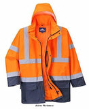 Orange Navy Essential 5 in1 Hi Vis Class 3 Jacket and Bodywarmer/Gilet RIS 3279 Portwest S766 Hi Vis Jackets Active-Workwear An adaptable, functional style of High Visibility jacket offering excellent value for money. Outer jacket contains two useful large patch pockets with stud adjustable cuffs and a concealed adjustable hood, whilst the inner waterproof jacket has detachable fluorescent fleece sleeves