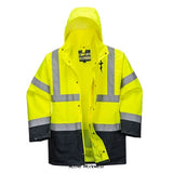 Yellow Essential 5 in1 Hi Vis Class 3 Jacket and Bodywarmer/Gilet RIS 3279 Portwest S766 Hi Vis Jackets Active-Workwear An adaptable, functional style of High Visibility jacket offering excellent value for money. Outer jacket contains two useful large patch pockets with stud adjustable cuffs and a concealed adjustable hood, whilst the inner waterproof jacket has detachable fluorescent fleece sleeves