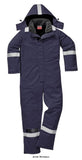 Navy Blue Flame retardant Anti-Static Insulated Heavyweight FRAS Hi Vis Winter Coverall-FR53 Boilersuits & Onepieces This Winter FR Coverall is perfect for the demands of the offshore industry. Constructed with the same outer fabric as the FR50 and combined with a layer of insulation and FR cotton lining for extra warmth. Meeting all the required standards, features include triple stitched seams, concealed 2-way front brass zip