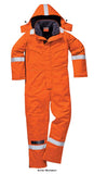 Orange Flame retardant Anti-Static Insulated Heavyweight FRAS Hi Vis Winter Coverall-FR53 Boilersuits & Onepieces This Winter FR Coverall is perfect for the demands of the offshore industry. Constructed with the same outer fabric as the FR50 and combined with a layer of insulation and FR cotton lining for extra warmth. Meeting all the required standards, features include triple stitched seams, concealed 2-way front brass zip
