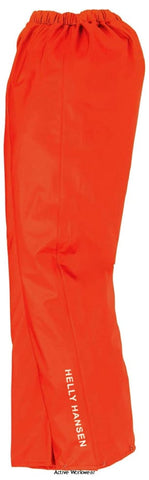 Helly Hansen Voss Waterproof over trousers Pant- 70480 Waterproofs Active-Workwear The waterproof Voss Pant is based on totally windproof and waterproof PU fabric with Helox+ technology which provides full weather protection. The lightweight stretch PU Helox+ material adds extra comfort when wearing this jacket for hours on end. Features EN 343:2003+A1:2007 Class 3,1, Adjustable bottom leg with snap buttons, Elastic at waist