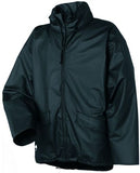 Black Helly Hansen Waterproof HH Workwear Voss Jacket- 70180 Workwear Jackets & Fleeces Active-Workwear The Helly Hansen classic rain jacket for men. This iconic Voss raincoat has seen global success built on its heritage from protecting fishermen in the coldest of seas in all kinds of weather. Totally windproof and waterproof PU fabric with Helox+ technology provides full weather protection. The lightweight stretch PU Helox