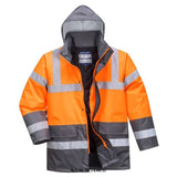 Orange Grey Hi Vis 2 Tone Waterproof Jacket RIS 3279 Portwest S467 Hi Vis Jackets Active-Workwear This Portwest two-tone traffic jacket has many tried and tested features and is offered in a variety of different contrasting colourways. With fully taped waterproof seams, this jacket is a true market leader. Features CE certified Waterproof with taped seams preventing water penetration Reflective tape for increased visibility Fully lined and padded