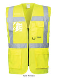 Yellow Hi Vis Berlin Zipped Executive Vest RIS 3279 Portwest Up to 7XL- S476 Hi Vis Tops Active-Workwear Revolutionary in its design, the Berlin High Visibility executive vest combines the light weight of a waistcoat with the practicality of pockets for those situations when a jacket may be too warm. A clear ID pocket for security passes and cards complements this unique garment .Reflective tape for increased visibility front zip opening for easy access 