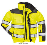 Yellow Hi Vis Classic Bomber Jacket Fur Liner Waterproof Bodywarmer RIS 3279 Portwest - C466 Hi Vis Jackets Active-Workwear Stand out from the crowd with this classic bomber jacket. It features a detachable fur liner removable sleeves and detachable collar making it adaptable to all weather conditions. Other features include ID pocket security sle