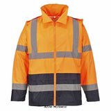 Orange Portwest Hi-Vis Classic Contrast Rain Jacket - H443 Hi Vis Waterproofs Active-Workwear  Designed to keep the wearer visible safe and dry in foul weather conditions. This lightweight stylish two tone jacket features a pack-away hood for easy access large pockets for ample storage and vented back yoke and