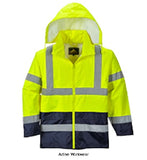 Yellow Portwest Hi-Vis Classic Contrast Rain Jacket - H443 Hi Vis Waterproofs Active-Workwear  Designed to keep the wearer visible safe and dry in foul weather conditions. This lightweight stylish two tone jacket features a pack-away hood for easy access large pockets for ample storage and vented back yoke and