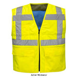 Hi Vis Cooling Vest Hot Weather Hi Viz Portwest CV02 Hi Vis Tops Active-Workwear This vest is designed from material made specifically for body cooling. This construction is to help counter the harmful effects of heat stress. This vest lowers body temperature and can be re-cooled in minutes which offers hours of cooling without compromising mobility. The fit of this vest is designed to clear your waist, providing ease when sitting or standing.