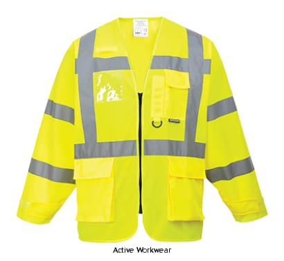 Hi Vis Executive Long Sleeved Zipped Vest Jerkin Jacket RIS 3279 Portwest S475 Hi Vis Jackets Active-Workwear The definitive Original H Viz Executive design from Portwest is available in a long sleeved version. With premium dual ID holder and multi-pocket features, it is an excellent choice for optimum coverage. Features Reflective tape for increased visibility Front zip opening for easy access Two lower patch pockets Phone and pen holder pocket D-ring for keys