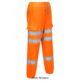Hi Vis Jogging Bottoms Pants Rail Spec (joggers) Class 2- RIS 3279 Portwest RT48 Hi Vis Trousers Active-Workwear Stylish and functional, these Portwest high visibility rail track jogging pants feature a fully elasticated waist with drawstring adjustment for maximum comfort and visibility. Roomy thigh pocket and reinforced waterproof knee patches give extra functionality to the wearer. Knitted fabric with brushed backing Reflective tape for increased visibility 5 pockets for ample storage 