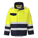 Hi-Vis Modaflame Jacket Arc Flash Protection Inherent Flame Retardant - Portwest MV25 Hi Vis Jackets Active-Workwear The two-tone modacrylic fabric, together with the reflective strips, provide the wearer with advanced visibility and full protection in hazardous situations. The enhanced design fulfils the stringent requirements of Arc Flash protection.