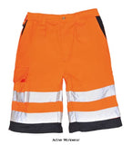 Hi Vis Poly cotton combat summer work shorts Portwest E043 Hi Vis Trousers Active-Workwear Stylish Portwest High Visibility summer shorts, the modern knee-length style and contrasting trims have made these shorts a favourite for hot days. Featuring a convenient thigh pocket and mobile phone pocket, with half elasticated waist for comfortable fit. 