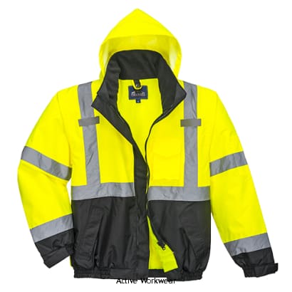 Hi Vis Premium 3 in1 Bomber Jacket detachable liner/ bodywarmer Portwest S365 Hi Vis Jackets Active-Workwear A contemporary 3-in-1 bomber jacket packed full of clever features including a smart phone chest pocket, radio loops and a contrast lower panel for protection against dirt. Incorporating a detachable zip sweater, this jacket is adaptable to all weather conditions. This garment is fully waterproof and features a drawstring pack away hood, 7 pockets, 