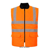 Hi Viz Interactive reversible Hi-Vis Bodywarmer/Gillet Portwest Rail RIS 3279 - S469 Hi Vis Jackets Active-Workwear This cleverly designed Portwest reversible high visibility bodywarmer traps heat to keep you warm when worn either way. The Hi-Vis side of the garment provides added visibility and safety for the wearer when needed. Can interact with Hi Viz Jacket style S468. CE certified