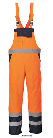 Hi Viz Waterproof Contrast Bib and Brace Lined Portwest S489 RIS 3279 Hi Vis Waterproofs Active-Workwear A garment designed to be completely practical and safe, the Contrast Bib & Brace protects the lower body and chest against wet conditions whilst ensuring safety. CE certified Waterproof with taped seams preventing water penetration Reflective tape for increased visibility Lined for added warmth and comfort