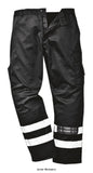Black leather safety pants with white stripes and part elasticated waist, Iona Hi Viz S917