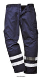 Blue Hi Viz Iona Hi Viz Safety Combat work Trousers Part Elasticated waist Portwest S917 Hi Vis Trousers Active-Workwear An abundance of useful features make the Iona Safety Trouser a popular option where enhanced visibility is needed. Hard wearing pre-shrunk fabric and knee pad pockets make this style great for everyday use in most environments. The generous fit provides comfort and ease of movement. Non shrinking to ensure that this style maintains its shape 
