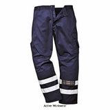 Iona Hi Viz Safety Combat work Trousers Part Elasticated waist Portwest S917 Hi Vis Trousers Active-Workwear An abundance of useful features make the Iona Safety Trouser a popular option where enhanced visibility is needed. Hard wearing pre-shrunk fabric and knee pad pockets make this style great for everyday use in most environments. The generous fit provides comfort and ease of movement. Non shrinking to ensure that this style maintains its shape 