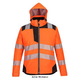 Close-up of Ladies Women’s Warm High Visibility Winter Jacket with Hood and Reflective Features