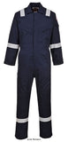 Navy Lightweight Flame Retardant Anti static Hi Viz Coverall FRAS Portwest FR21 Boilersuits & Onepieces Active-Workwear This FRAS lightweight FR boiler suit/coverall is perfect for the extra warm weather demands of the offshore industry. Constructed with a lighter weight highly innovative flame-resistant twill fabric. CE certified Guaranteed flame resistance for life of garment Protection against radiant, convective and contact heat Class 2 Welding Protection 